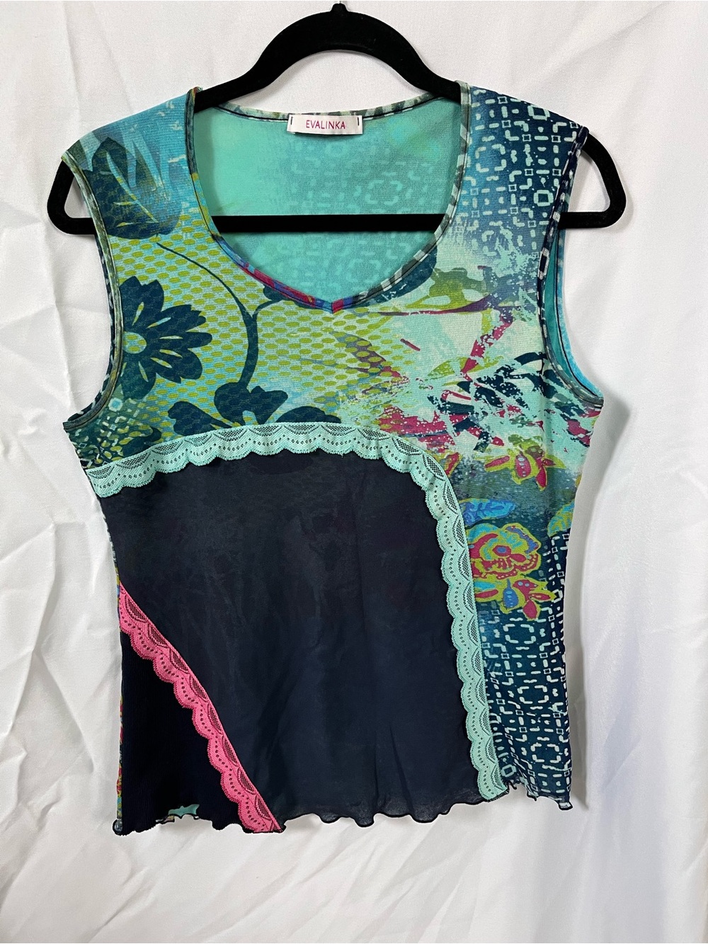 Y2k - Teal and Black Mixed-Print Sleeveless Tank - Evalinka